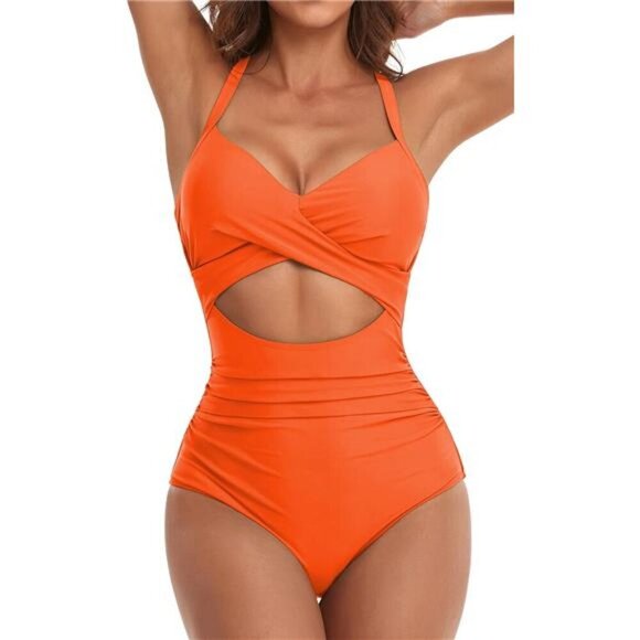 Women's One Piece Swimsuit Tummy Control Cutout High Waisted Wrap Tie Back - Picture 1 of 6